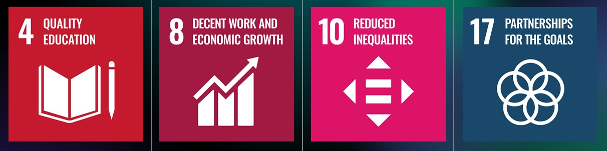 SDG icons. SDG 4: Quality Education, SDG 8: Decent Work and Economic Growth. SDG 11: Reduced Inequalities, SDG 17: Partnerships for the Goals