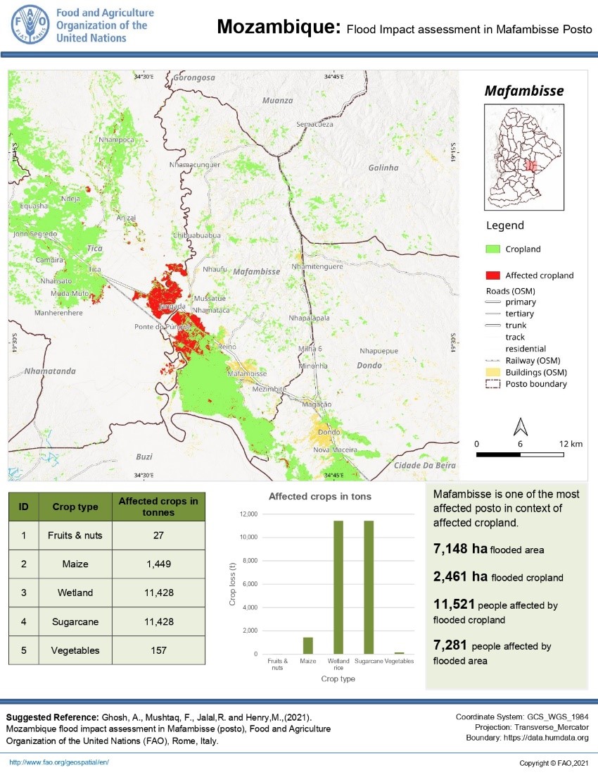 Figure 2: An example of flood impact assessment in Mafambisse, Mozambique at posto administrative level after Eloise cyclone in 2021. 