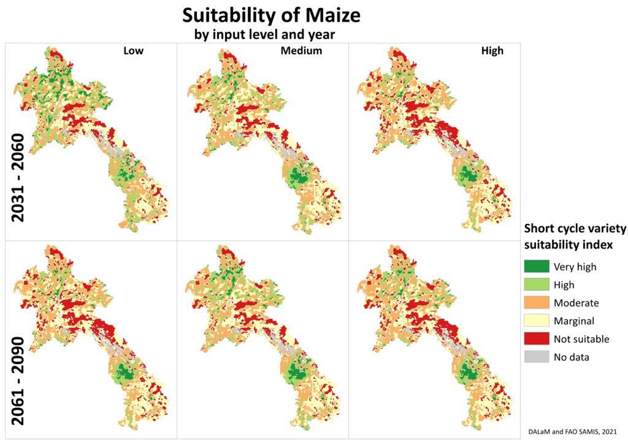 Figure 3: Land suitability analysis for maize by input agricultural input levels in Lao PDR for 2031-2060 and 2061-2090 considering climate change scenarios. 